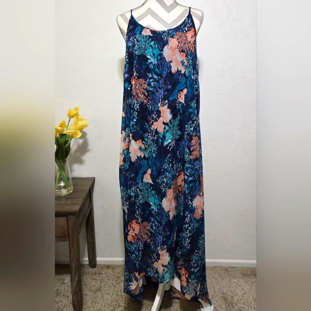 OLD NAVY Blue Maxi Dress High-Low Marine Seashells Coral Reef Print Size XL Tall